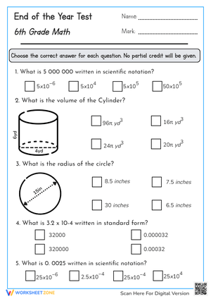 End-of-Year 6th Grade Math Test Worksheet
