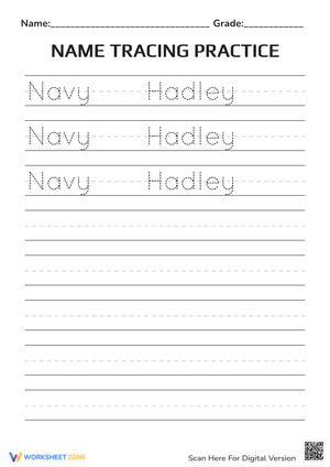 Name Tracing Practice for 'Navy Hadley'