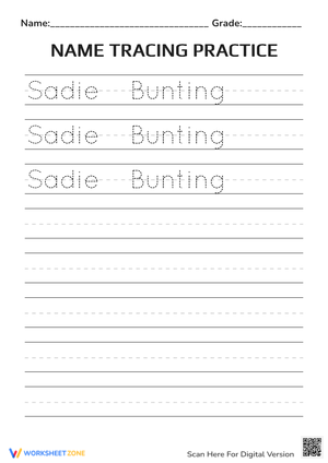Name Tracing Practice for 'Sadie Bunting'