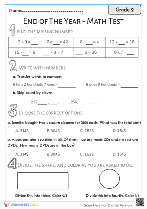 Grade 2 End of the Year Math Test - Practice Worksheet