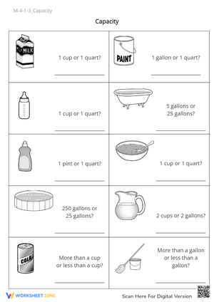 Capacity Measurement Practice - Cups, Quarts, Gallons Worksheet