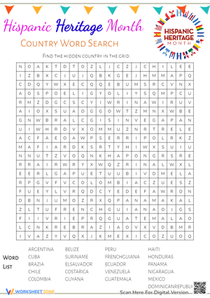 Hispanic Heritage Month Country Word Search
