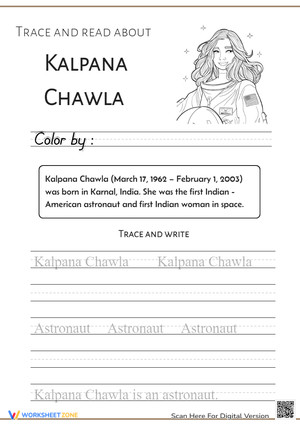 Reading and Tracing Worksheet: Kalpana Chawla
