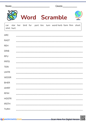 R-Controlled Vowel Word Scramble Worksheet