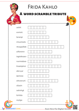 Frida Kahlo Word Scramble - Art History Puzzle Worksheet