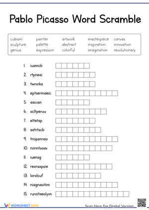 Pablo Picasso Word Scramble - Art History Puzzle Worksheet