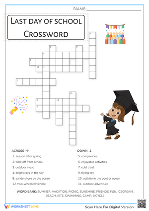 Last Day of School Crossword - Summer Fun Vocabulary Puzzle