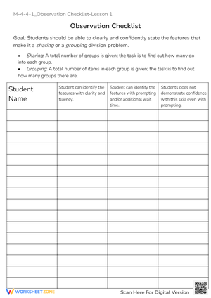 Division Sharing & Grouping Observation Checklist - Printable