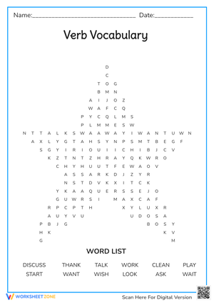 Verb Vocabulary Star Word Search Worksheet