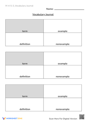 Vocabulary Journal: Define, Example, Non-Example - Grades 4-6