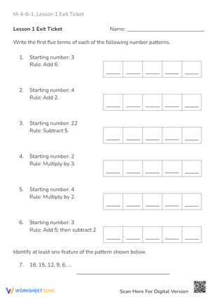 Number Patterns Worksheet: Addition, Subtraction & Multiplication