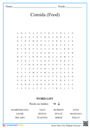 Comida Spanish Food Word Search