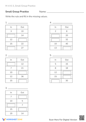 In/Out Math Tables: Find the Rule! - Addition, Subtraction, Multiplication