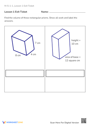 Volume of Rectangular Prisms - Math Exit Ticket Worksheet