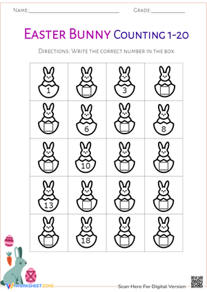 Easter Bunny Counting 1-20 Worksheet - Number Sequence Fun