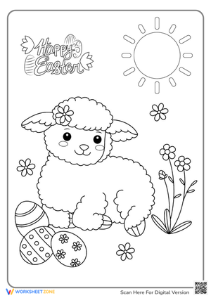 Cute Sheep and Easter Eggs Coloring Page