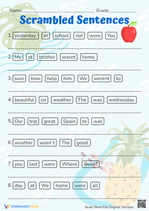 Scrambled Sentences Worksheet - Grade 1-3 Grammar Practice