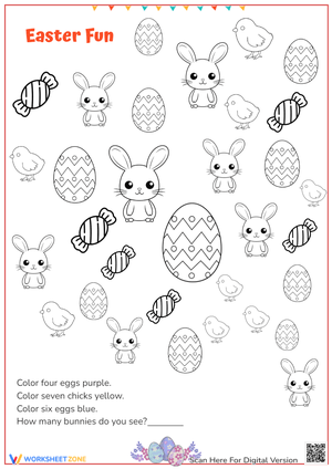 Easter Color & Count Worksheet - Bunnies, Chicks, Eggs!