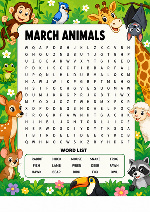 Essential March Animals Word Search | Grade 3-4 ELA