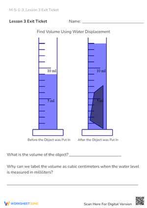 Volume by Water Displacement Worksheet - Exit Ticket