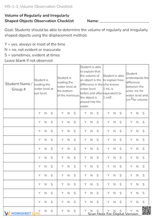 Volume Measurement Checklist - Displacement Method Science Activity