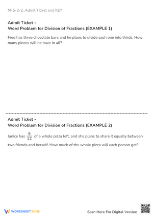 Division of Fractions Word Problems - Grades 5-6 Admit Ticket