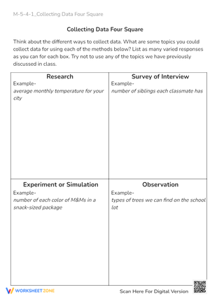 Data Collection Methods: Four Square Brainstorming Worksheet