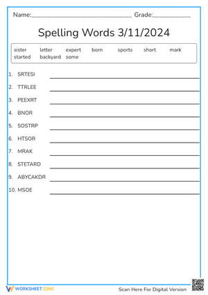 Spelling words 3/11/2024 Word Scramble
