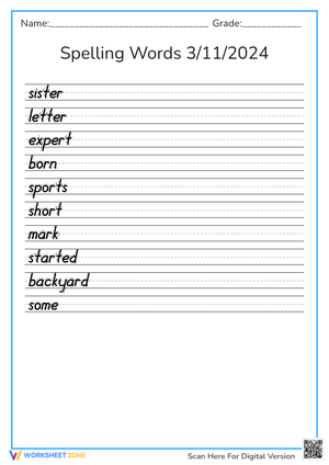 Spelling Words Practice Worksheet