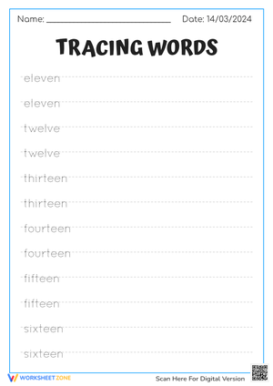 Kindergarten Worksheet Tracing Words: Numbers 