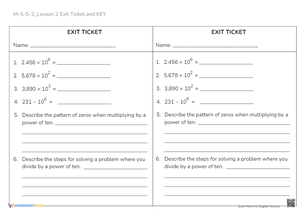 Decimal Multiplication by 10s - Exit Ticket Math Worksheet