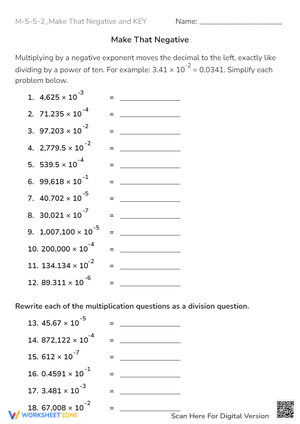 Negative Exponents Math Practice - Powers of Ten Worksheet