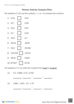Compare Decimals Worksheet: Ordering & Comparing Pairs (Grades 4-6)