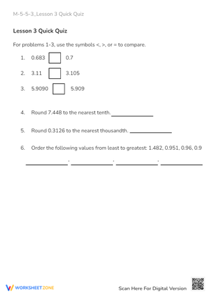 Decimal Comparison & Rounding Quiz - Grades 4-5 Math Practice