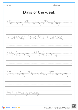 Days of the Week Cursive Worksheet