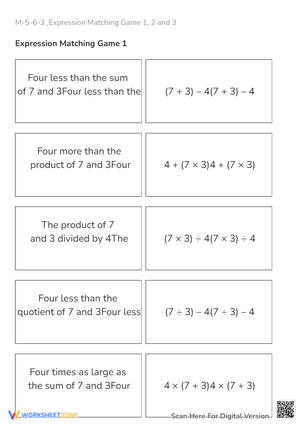 Algebraic Expression Matching Game - Grades 5-6 Math Fun!
