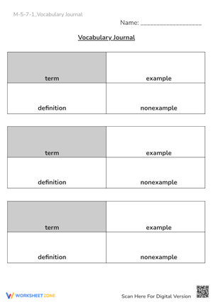 Vocabulary Journal Worksheet - Define, Example, Non-Example