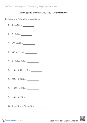 Adding & Subtracting Integers Worksheet - Grade 6-8 Math