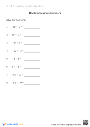 Dividing Integers Worksheet - Positive & Negative Numbers Practice