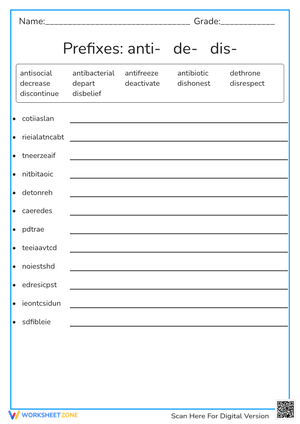 Prefixes anti- de- dis- Unscramble Words Worksheet
