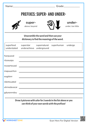 Prefixes Super and Under Worksheet