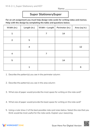Super Stationery: Area & Perimeter Note Card Design Worksheet