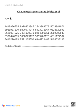 Memorize Pi Digits Challenge - Math Worksheet for Grades 6+