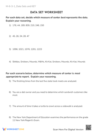 Mean, Median, Mode Worksheet - Data Sets & Scenarios Practice