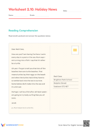 Grade 1 Postcard Reading — Printable No-Prep Worksheet