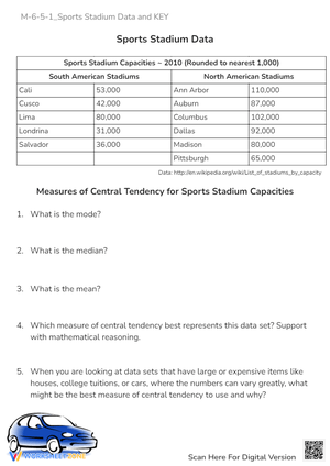 Central Tendency Worksheet | Grade 6 Printable