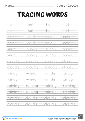 Weather Words Tracing Sheet | Vocabulary Writing Practice