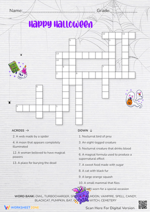 Crossword Puzzle Worksheet for Spooky Word Fun