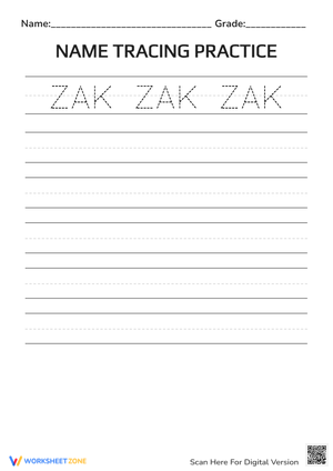Name Tracing Practice for 'ZAK'