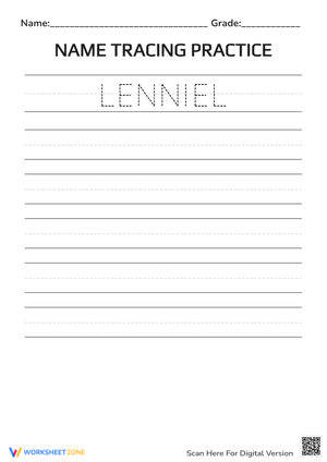 Lenniel Name Tracing Practice | Grade K-1 Printable